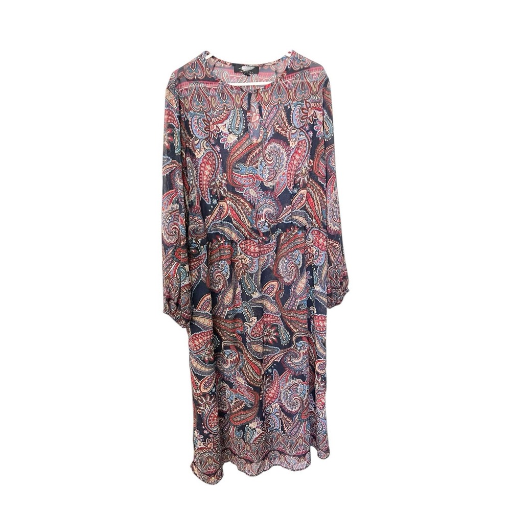 Fair Child 2X Multicolor Paisley Midi Dress Long Sleeve Keyhole Secretary Office